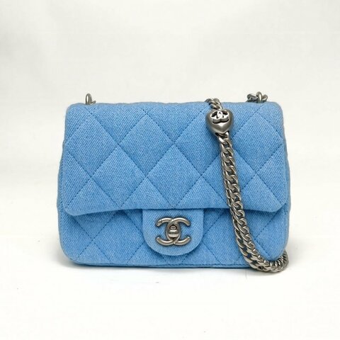 CHANEL 牛仔藍晶片銀扣愛心金球肩帶25CCF口蓋包肩背包