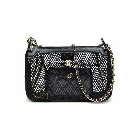 CHANEL 黑色羊皮淺金扣網面25S網兜包子母包肩背包