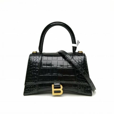 BALENCIAGA 鱷魚壓紋Hourglass沙漏手袋S碼金扣黑色牛皮肩背包