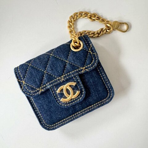 CHANEL 限量 牛仔 深藍 金鍊 小掛包 吊飾 零錢包 卡包 AP3355 現貨