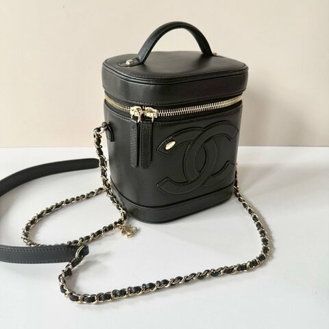 CHANEL 黑色 小羊皮 淡金練 復古 化妝盒包 手提 肩背 斜背 AS0323 現貨