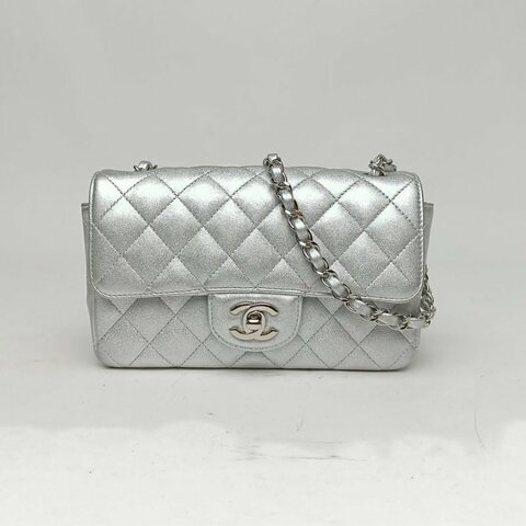 CHANEL CF口蓋包大Mini銀色羊皮31開銀扣肩背包
