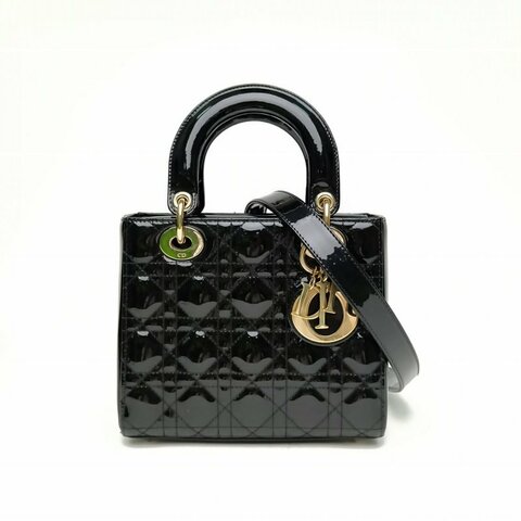 DIOR Lady戴妃包四格黑色漆皮金扣2020肩背包