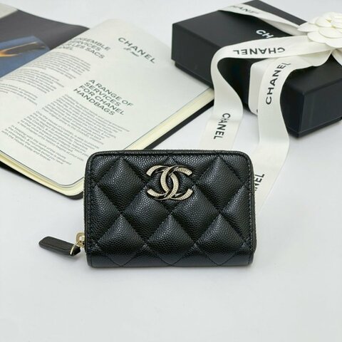 CHANEL 琺瑯水鑽雙C拉鍊零錢卡包 芯片款