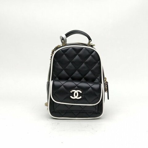 CHANEL 手提前口袋雙肩包黑白羊皮淺金扣肩背包