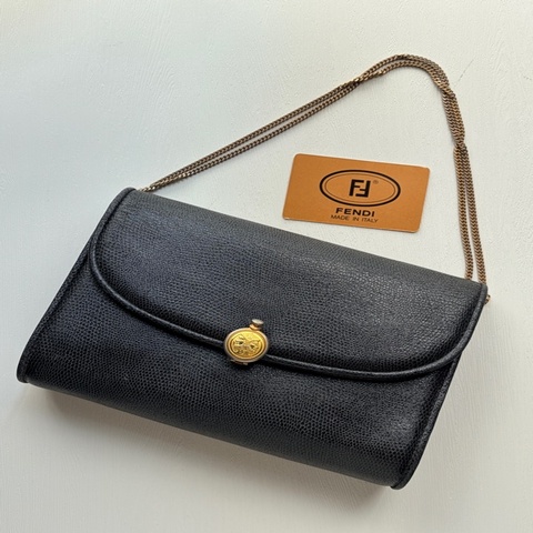 1989年購證 Fendi 經典黑金羅馬錢幣扣掌紋皮鏈條包 斜背包