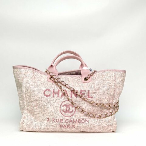 CHANEL 沙灘包大號淡粉色帆布27開金扣肩背包