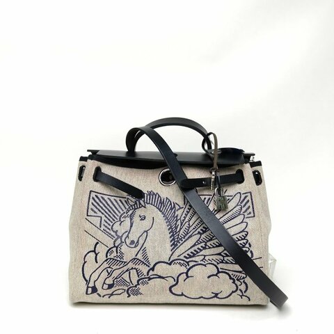 HERMES Herbag31Zip藍飛馬手提包米色Y刻銀扣肩背包