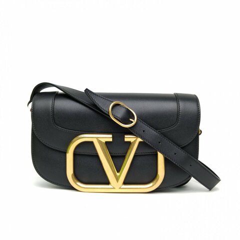 VALENTINO 黑色牛皮Supervee大Logo單肩斜挎包肩背包