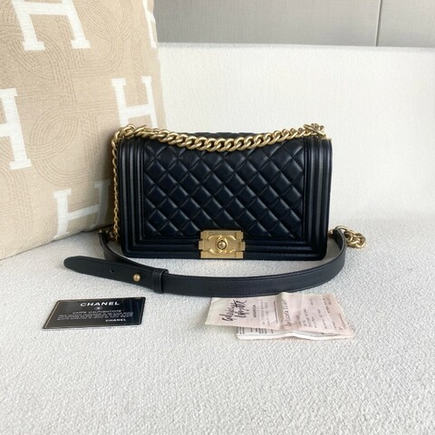 CHANEL Leboy 黑金菱格紋 羊皮 肩背包 25cm