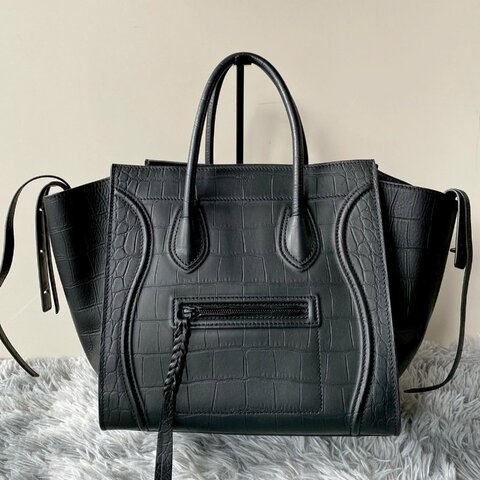 CELINE Phantom 黑 牛皮 中號 蝙蝠包 囧臉包 鱷魚壓紋 手提包169953