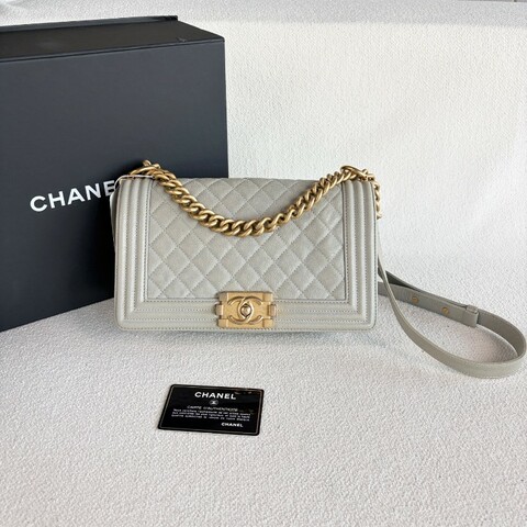 Chanel香奈兒Leboy中号 荔枝皮 灰色金扣
