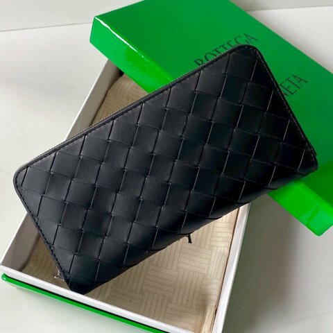 Bottega Veneta BV 長夾 黑色 ㄇ字拉鍊 小牛皮 編織 經典 749427