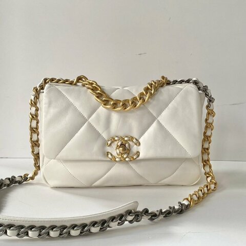 CHANEL 19系列 白色 山羊皮 金釦 雙色鍊 26cm 芯片款 手提 斜挎 小號 口蓋包 AS1160