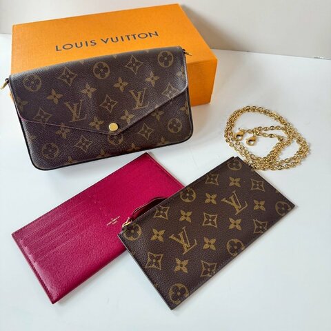 LV Monogrom 三合一 可拆 鏈帶 紫紅 內層 斜背 手拿 信封包 M61276