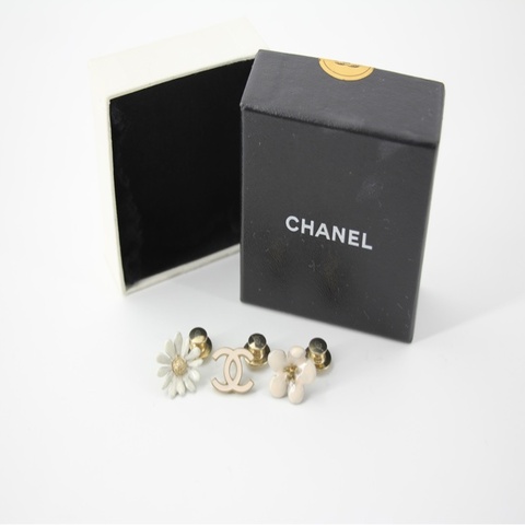 Chanel Vintage 10P 琺瑯粉紅山茶花+菊花+粉紅CC三件套裝胸針
