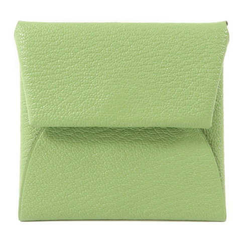 HERMES Chevre皮革Bastia Change Purse零錢包Vert Criquet/Sesame