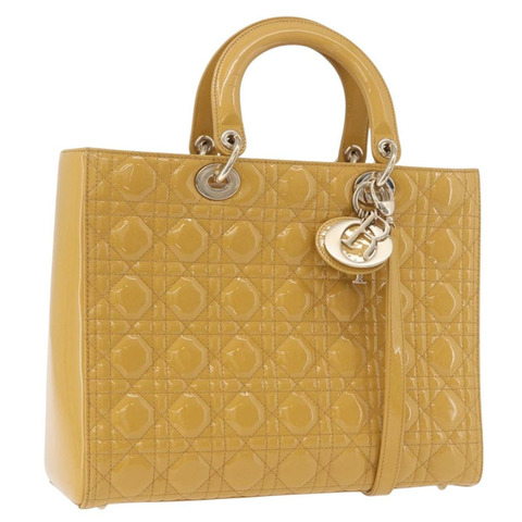 Christian Dior Lady Dior 漆皮雙肩包 黃銀 BA13759V