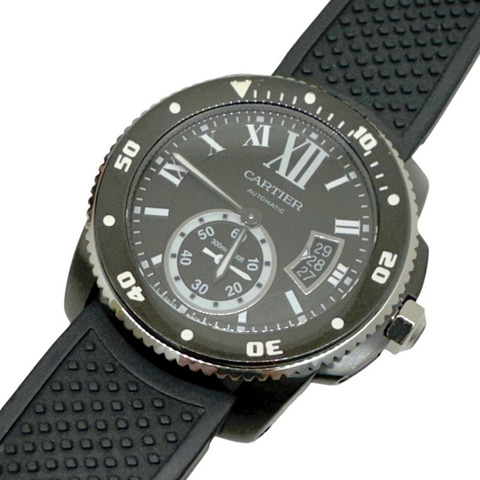 卡地亞 Calibre de Cartier Carbon Diver Date WSCA0006 男士腕錶，精鋼錶殼，橡膠錶帶，自動上鍊，黑色。