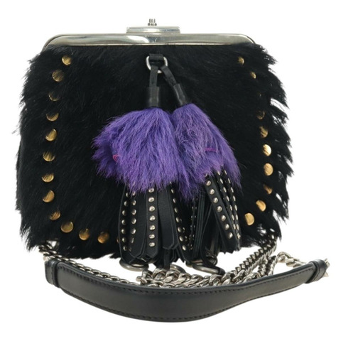 PRADA 鏈條單肩包 毛絨 黑色 銀色 正品 187435SAM