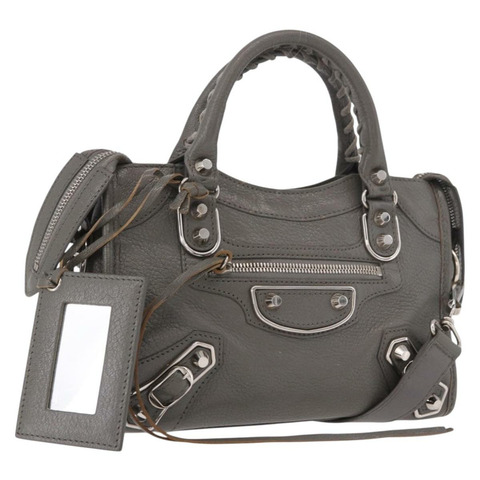 BALENCIAGA 皮革經典金屬邊迷你城市兩用包 灰色/銀色 正品 187985M
