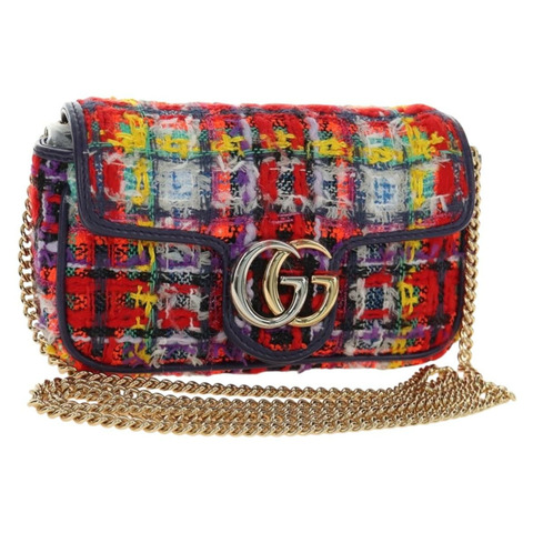 GUCCI GG Marmont 鏈條單肩包，斜紋軟呢多色金色，貨號 476433，正品編號 189256SAM