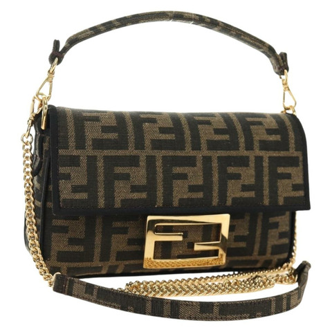 FENDI 鏈條 Zucca 帆布 Mamma Baguette 手袋 2way Brown Black Auth 189061SV