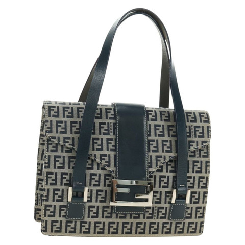 FENDI Zucchino帆布Mamma Baguette手袋 海軍藍 銀色 正品 189269V