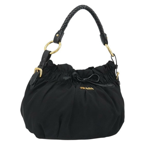 PRADA 黑色金色尼龍褶皺肩包，正品編號 189499V