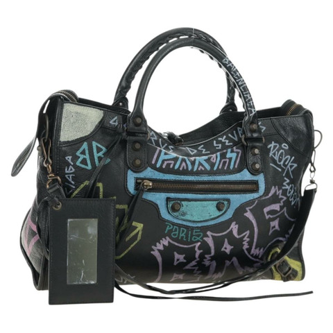 BALENCIAGA Graffiti The City 手提包，皮革材質，黑色，兩用款，貨號 115748，正品 am12010SAM