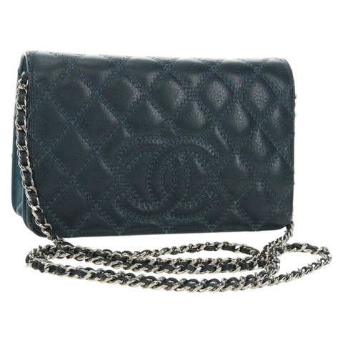 香奈兒 (CHANEL) Matelasse 鏈條錢包包 魚子醬紋皮革 海軍藍 銀色 CC 標誌 正品 188550SAV