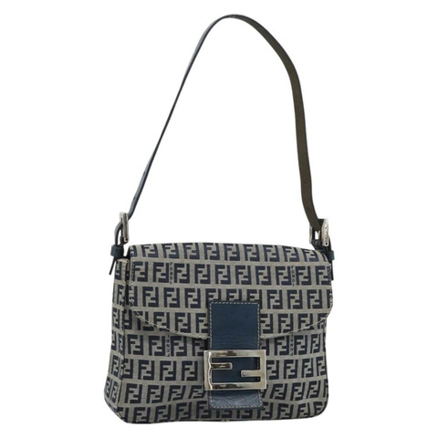 FENDI Zucchino 帆布 Mamma Baguette 單肩包 海軍藍 銀色 正品 189693V