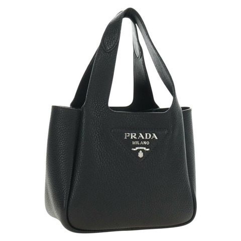 PRADA Vittero Dino 皮革手提包，黑色銀色，正品，貨號 189681SAM