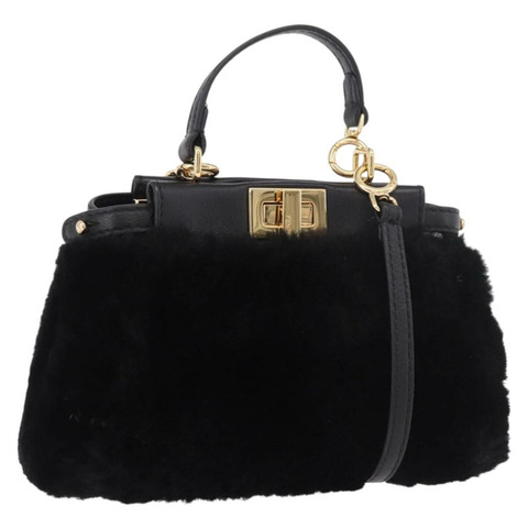 FENDI Micro Peek A Boo 手提包，黑色金邊剪絨款，正品 ka5035M