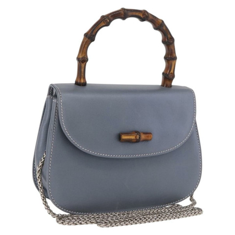 GUCCI 竹節手提包 皮革 兩用 淺藍色 銀色 正品 188593A