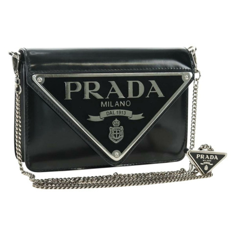 PRADA 鏈條單肩包 漆皮 黑色 銀色 正品 190226SAM
