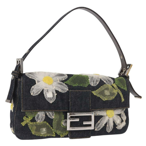 FENDI Mamma Baguette 手袋，牛仔布材質，花朵刺繡，海軍藍銀色，正品編號 190100SAM