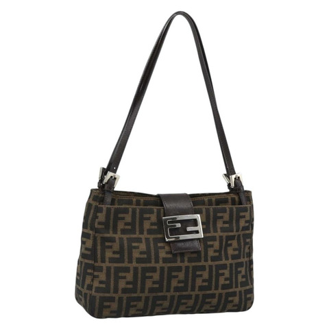 FENDI Zucca 帆布 Mamma Baguette 手袋黑棕色正品 189846A