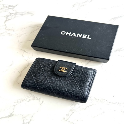 Chanel黑色魚子醬皮革中夾 皮夾 錢包 短夾 中古包 二手包 古董包