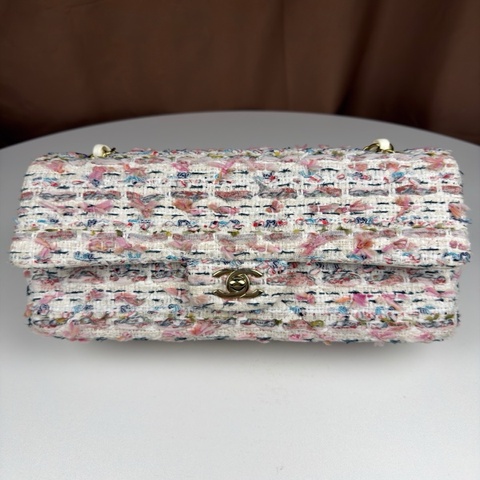 99新 Chanel/香奈兒 23C粉白彩呢雙蓋CF中號 芯片款