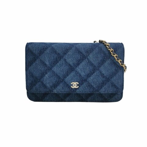 Chanel 牛皮牛仔布純色菱格絎縫雙C標誌woc斜背包