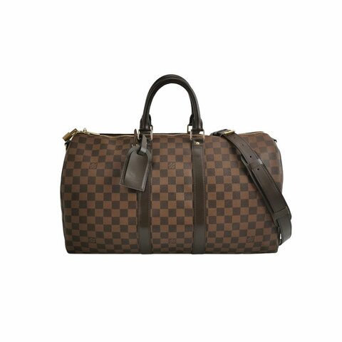 Louis Vuitton (LV) Keepall45牛皮棋盤格加強飾帶圓筒包肩包