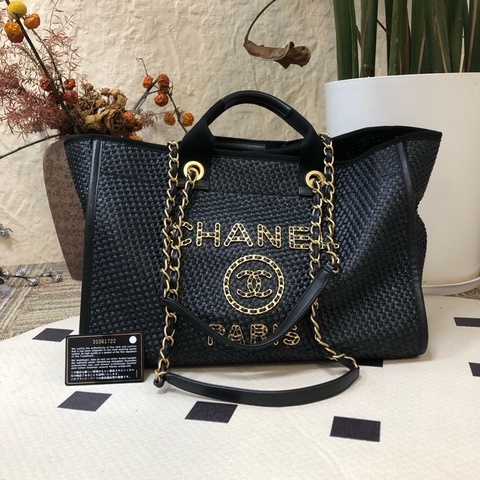 98新 香奈兒/Chanel 沙灘包 黑色大號編織金屬手提包 31開 有卡