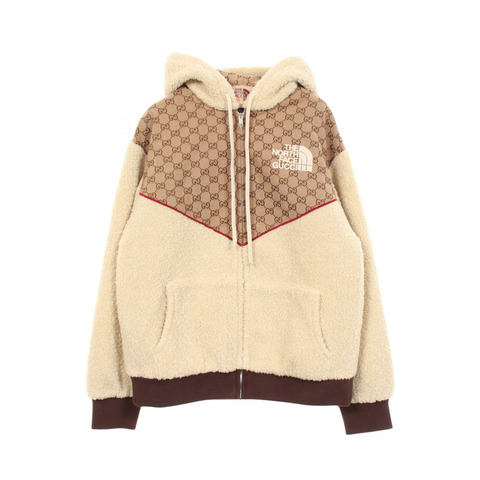 GUCCI × NORTH FACE GG帆布連帽夾克，棉腈綸混紡，米色，二手，男S碼