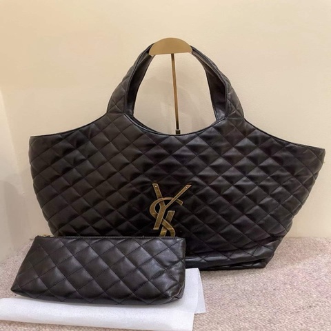 未使用 YSL 聖羅蘭 care Maxi tote 子母購物袋 可單肩手提 黑金羊皮 尺寸：38x43cm