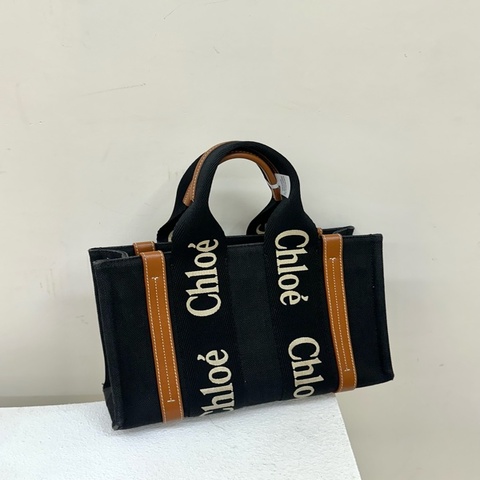 99新 Chloe Woody 可拆卸肩帶 亞麻小牛皮拼亮面小牛皮 單肩包 手提包 小號small 黑色/啡色