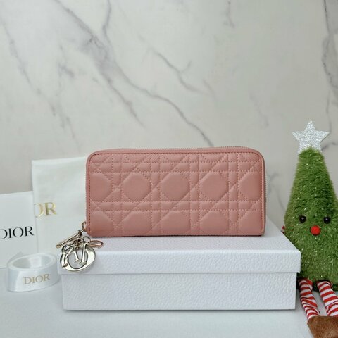 DIOR 粉籐格紋拉鍊長夾