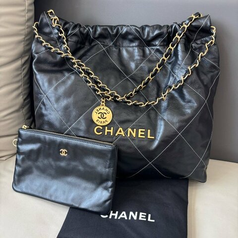 芯片款 香奈兒/Chanel 黑金外縫線22bag中號 垃圾袋托特鏈條包