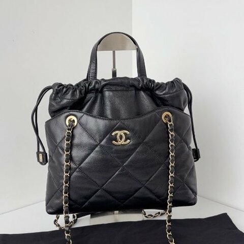 香奈兒/Chanel 黑金菱格小號 抽繩福袋Tote鏈條包