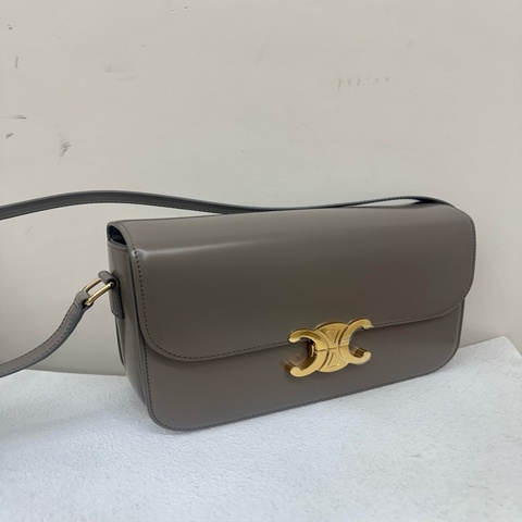 閑置 Celine Triomphe 經典金屬徽標 牛皮 手提包斜挎包單肩包 象灰色